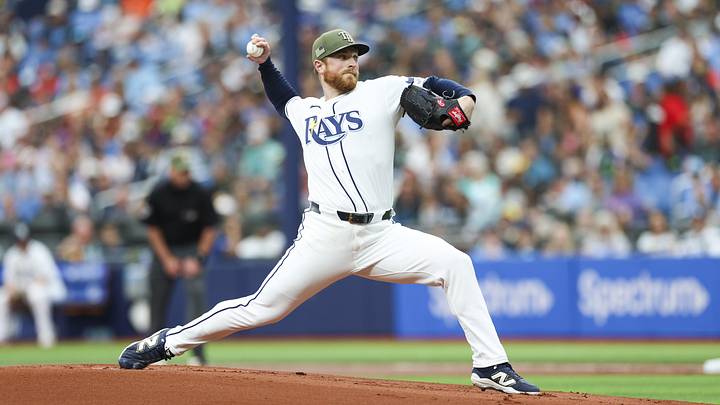 May 17, 2026; St. Petersburg, Florida, USA; Tampa Bay Rays starting pitcher Drew Rasmussen (57) throws a pitch against the Miami Marlins in the first inning at Tropicana Field. 