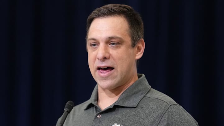Feb 24, 2026; Indianapolis, IN, USA; Kansas City Chiefs general manager Brett Veach speaks at the NFL Scouting Combine at the Indiana Convention Center. Mandatory Credit: Kirby Lee-Imagn Images