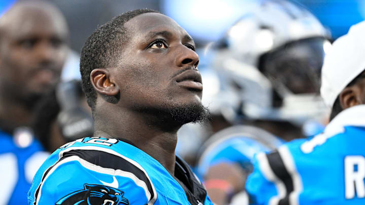 Aug 8, 2025; Charlotte, North Carolina, USA; Carolina Panthers defensive tackle Tershawn Wharton (92) on the sidelines in the second quarter at Bank of America Stadium.