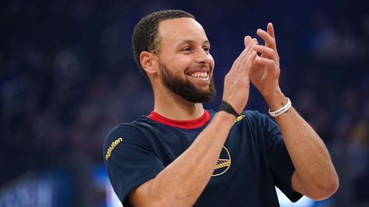 Jan 29, 2025; San Francisco, California, USA; Golden State Warriors guard Stephen Curry (30) smiles before receiving his special Championship Ring in recognition of the USA Basketball Men’s National Team’s gold medal victory at the Paris 2024 Olympic Games before the start of the game against the Oklahoma City Thunder at the Chase Center. Mandatory Credit: Cary Edmondson-Imagn Images