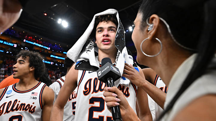 Mar 28, 2026; Houston, TX, USA; Illinois Fighting Illini guard Keaton Wagler (23) speaks to media after defeating the Iowa Hawkeyes in the Elite Eight. Mar 28, 2026; Houston, TX, USA; Illinois Fighting Illini guard Keaton Wagler (23) speaks to media after defeating the Iowa Hawkeyes in the Elite Eight.