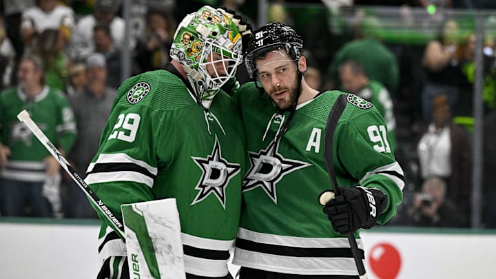May 1, 2024; Dallas, Texas, USA; Dallas Stars center Tyler Seguin (91) and goaltender Jake Oettinger