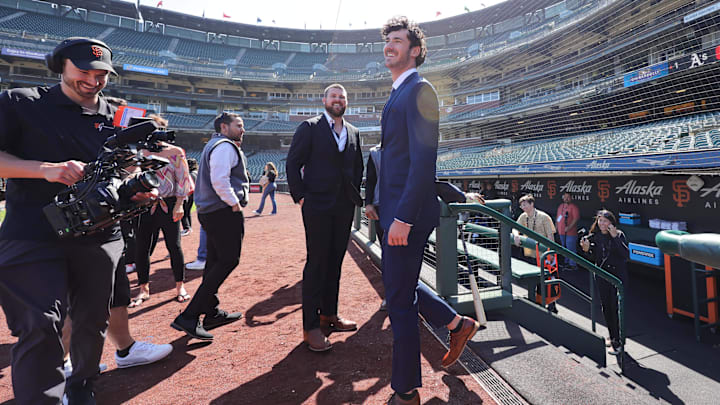 Jul 26, 2023; San Francisco, California, USA; San Francisco Giants 2023 first round draft pick Bryce Eldridge walks on to the field before the game against the Oakland Athletics at Oracle Park.