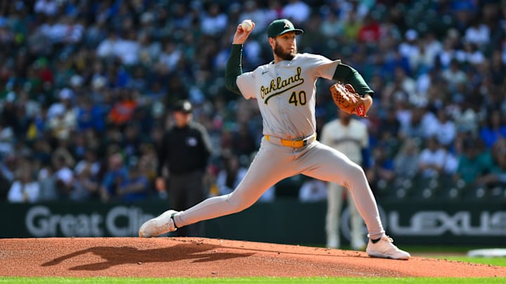 Sep 29, 2024; Seattle, Washington, USA; Oakland Athletics starting pitcher Mitch Spence (40) pitches to the Seattle Mariners during the first inning at T-Mobile Park. Mandatory Credit: Steven Bisig-Imagn Images