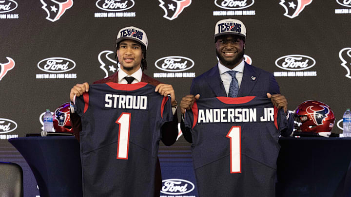 Apr 28, 2023; Houston, TX, USA; From left to right, Houston Texans quarterback CJ Stroud (left), second overall pick in the 2023 NFL Draft, and Texans linebacker Will Anderson Jr., third overall pick in the 2023 NFL Draft, pose for a photo at a press conference at NRG Stadium. Mandatory Credit: Thomas Shea-Imagn Images Apr 28, 2023; Houston, TX, USA; From left to right, Houston Texans quarterback CJ Stroud (left), second overall pick in the 2023 NFL Draft, and Texans linebacker Will Anderson Jr., third overall pick in the 2023 NFL Draft, pose for a photo at a press conference at NRG Stadium. Mandatory Credit: Thomas Shea-Imagn Images