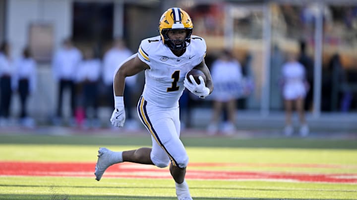 Nov 30, 2024; Dallas, Texas, USA; California Golden Bears running back Jaydn Ott (1) in action during the game between the SMU Mustangs and the California Golden Bears at Gerald J. Ford Stadium. Mandatory Credit: Jerome Miron-Imagn Images