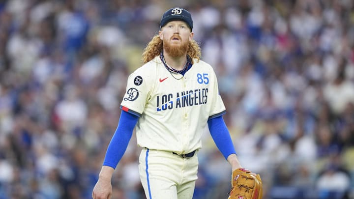Jun 21, 2025; Los Angeles, California, USA; Los Angeles Dodgers pitcher Dustin May (85) looks on in the third inning against the Washington Nationals at Dodger Stadium. Mandatory Credit: Kirby Lee-Imagn Images