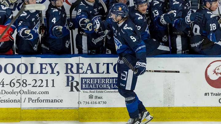Aug 2, 2024; Plymouth, MI, USA; Finland's defenseman Emil Pieniniemi (9) celebrates a power play goal against Canada with teammates on the bench during the second period of the 2024 World Junior Summer Showcase at USA Hockey Arena. Mandatory Credit: David Reginek-Imagn Images