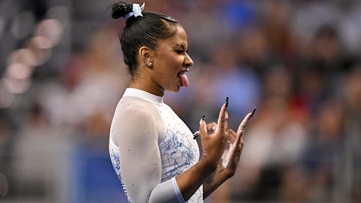UCLA Bruins gymnast Jordan Chiles performs on floor exercise during the 2025 Women's National Gymnastics Championship at Dickies Arena.
