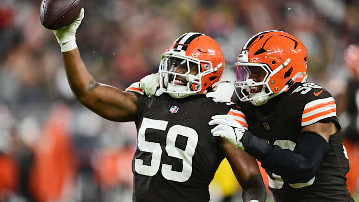 Nov 21, 2024; Cleveland, Ohio, USA; Cleveland Browns linebacker Jordan Hicks (58) and linebacker Winston Reid (59) celebrate after Reid recovered a fumble during the first half against the Pittsburgh Steelers at Huntington Bank Field. Mandatory Credit: Ken Blaze-Imagn Images Nov 21, 2024; Cleveland, Ohio, USA; Cleveland Browns linebacker Jordan Hicks (58) and linebacker Winston Reid (59) celebrate after Reid recovered a fumble during the first half against the Pittsburgh Steelers at Huntington Bank Field. Mandatory Credit: Ken Blaze-Imagn Images