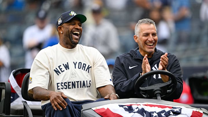 Sep 7, 2025; Bronx, New York, USA; Former Yankee CC Sabathia drives onto the field with former Yankee Andy Pettitte before the game against the Toronto Blue Jays at Yankee Stadium. Mandatory Credit: Mark Smith-Imagn Images