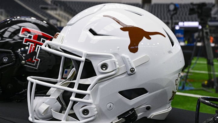 Jul 12, 2023; Arlington, TX, USA; A view of the Texas Longhorns helmet and logo during Big 12 football media day at AT&T Stadium. Mandatory Credit: Jerome Miron-Imagn Images