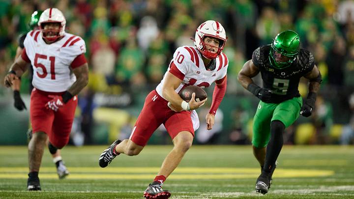 Oct 17, 2026; Eugene, Oregon, USA; Nebraska Cornhuskers quarterback Anthony Colandrea (10) carries the ball for a first down during the first half against the Oregon Ducks at Autzen Stadium. Oct 17, 2026; Eugene, Oregon, USA; Nebraska Cornhuskers quarterback Anthony Colandrea (10) carries the ball for a first down during the first half against the Oregon Ducks at Autzen Stadium.