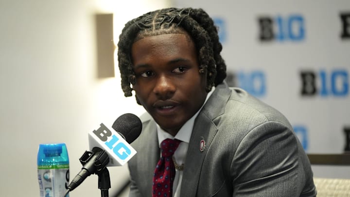 Jul 22, 2025; Las Vegas, NV, USA; Ohio State wide receiver Jeremiah Smith speaks to the media during the Big Ten NCAA college football media days at Mandalay Bay Resort. Mandatory Credit: Lucas Peltier-Imagn Images