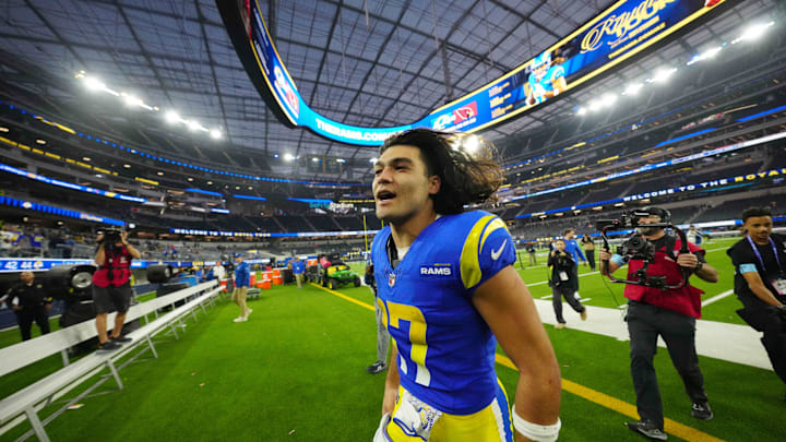 Dec 8, 2024; Inglewood, California, USA; Los Angeles Rams wide receiver Puka Nacua (17) reacts after the game against the Buffalo Bills at SoFi Stadium. Mandatory Credit: Kirby Lee-Imagn Images
