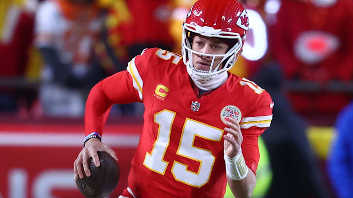 Jan 26, 2025; Kansas City, MO, USA; Kansas City Chiefs quarterback Patrick Mahomes (15) rushes the ball against the Buffalo Bills during the first half in the AFC Championship game at GEHA Field at Arrowhead Stadium. Mandatory Credit: Mark J. Rebilas-Imagn Images Jan 26, 2025; Kansas City, MO, USA; Kansas City Chiefs quarterback Patrick Mahomes (15) rushes the ball against the Buffalo Bills during the first half in the AFC Championship game at GEHA Field at Arrowhead Stadium. Mandatory Credit: Mark J. Rebilas-Imagn Images