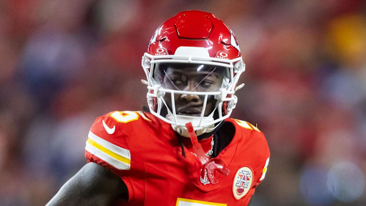 Jan 26, 2025; Kansas City, MO, USA; Kansas City Chiefs wide receiver Hollywood Brown (5) against the Buffalo Bills in the AFC Championship game at GEHA Field at Arrowhead Stadium. 