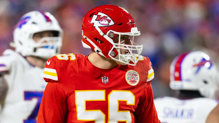 Jan 26, 2025; Kansas City, MO, USA; Kansas City Chiefs defensive end George Karlaftis (56) against the Buffalo Bills in the AFC Championship game at GEHA Field at Arrowhead Stadium. Mandatory Credit: Mark J. Rebilas-Imagn Images