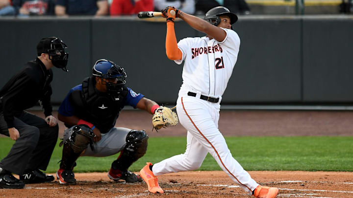 Shorebirds' Samuel Basallo (21) swings in the game against the Cannon Ballers Tuesday, April 11, 2023, at Perdue Stadium in Salisbury, Maryland. The Shorebirds defeated the Cannon Ballers 7-2.