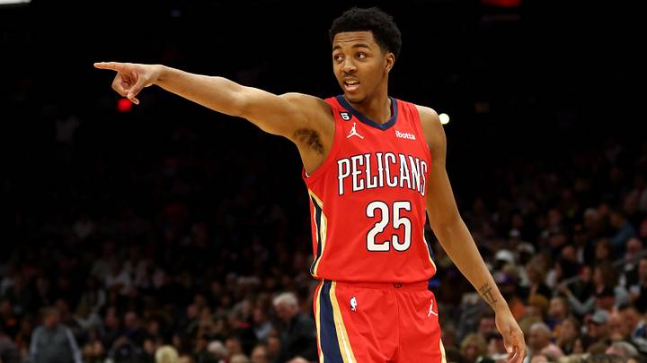 Dec 17, 2022; Phoenix, Arizona, USA; New Orleans Pelicans forward Trey Murphy III (25) against the Phoenix Suns at Footprint Center. Mandatory Credit: Mark J. Rebilas-USA TODAY Sports