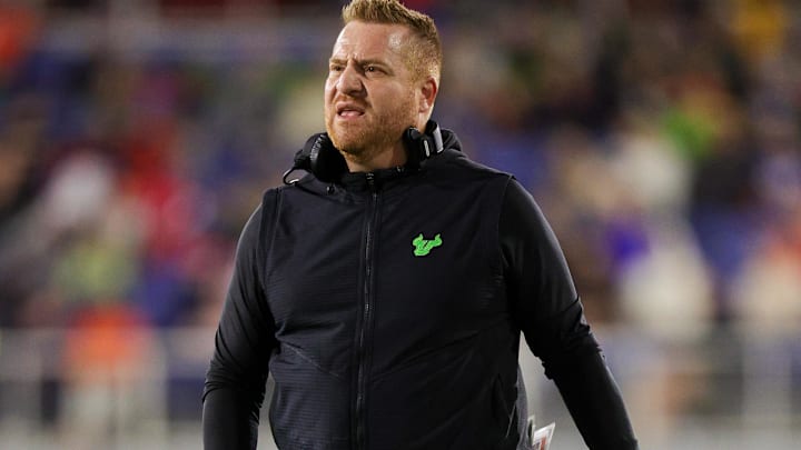 Dec 21, 2023; Boca Raton, FL, USA;  South Florida Bulls head coach Alex Golesh reacts to a play call against the Syracuse Orange in the second quarter during the RoofClaim.com Boca Raton Bowl at FAU Stadium. Credit: Nathan Ray Seebeck-USA TODAY Sports