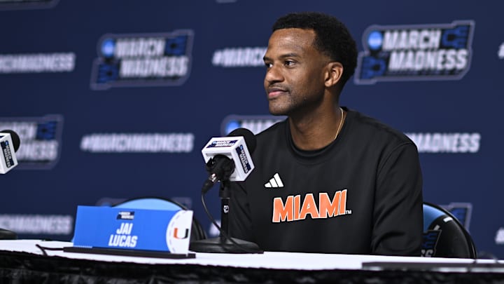 Mar 19, 2026; St. Louis, MO, USA; Miami (FL) Hurricanes head coach Jai Lucas talks to the media during a practice session ahead of the first round of the men's 2026 NCAA Tournament at Enterprise Center. Mandatory Credit: Jeff Le-Imagn Images