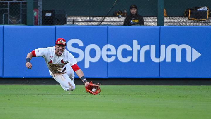 Jun 15, 2026; St. Louis, Missouri, USA; St. Louis Cardinals left fielder Lars Nootbaar (21) dives and catches a line drive hit by San Diego Padres left fielder Gavin Sheets (not pictured) during the fifth inning at Busch Stadium. Mandatory Credit: Jeff Curry-Imagn Images