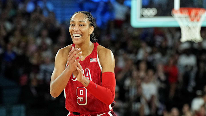 Aug 7, 2024; Paris, France; United States forward A'Ja Wilson (9) reacts after a play against Nigeria in the women’s basketball quarterfinals during the Paris 2024 Olympic Summer Games at Accor Arena. Mandatory Credit: Kyle Terada-Imagn Images Aug 7, 2024; Paris, France; United States forward A'Ja Wilson (9) reacts after a play against Nigeria in the women’s basketball quarterfinals during the Paris 2024 Olympic Summer Games at Accor Arena. Mandatory Credit: Kyle Terada-Imagn Images