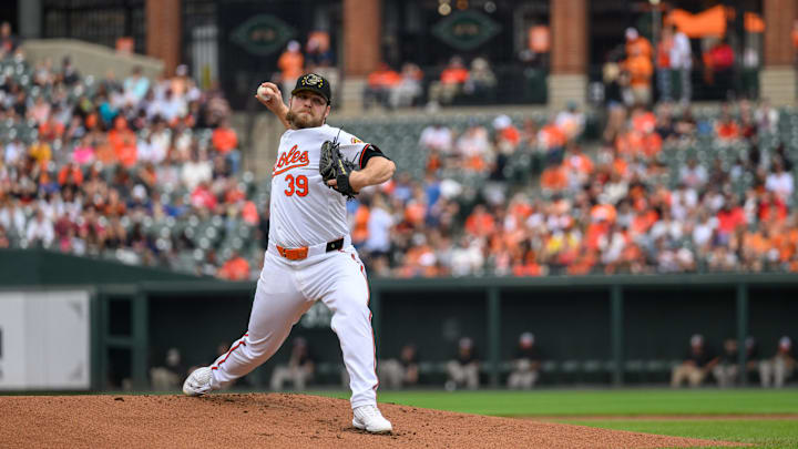 May 19, 2024; Baltimore, Maryland, USA; Baltimore Orioles pitcher Corbin Burnes (39) throws a pitch during the first inning against the Seattle Mariners at Oriole Park at Camden Yards. Mandatory Credit: Reggie Hildred-Imagn Images May 19, 2024; Baltimore, Maryland, USA; Baltimore Orioles pitcher Corbin Burnes (39) throws a pitch during the first inning against the Seattle Mariners at Oriole Park at Camden Yards. Mandatory Credit: Reggie Hildred-Imagn Images