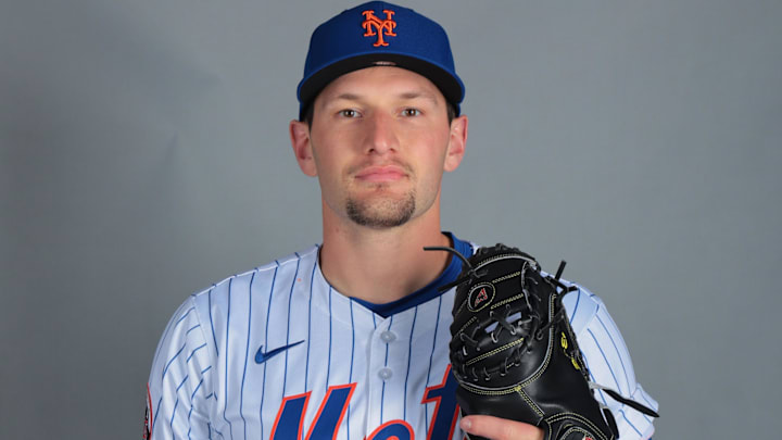 New York Mets catcher Hayden Senger (98) poses for a photo during picture day at Clover Park in Port St. Lucie, Fla., on Feb 20, 2025.