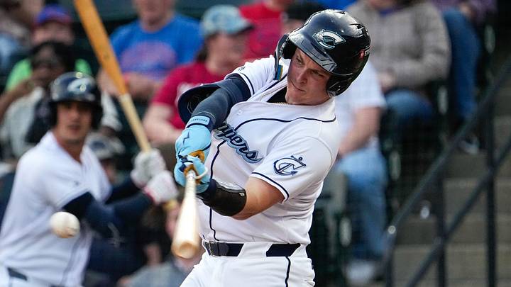 Columbus Clippers Cooper Ingle (2) hits the ball during the home opener against the Indianapolis Indians at Huntington Park on Tuesday, March 31, 2026 in Columbus, Ohio.