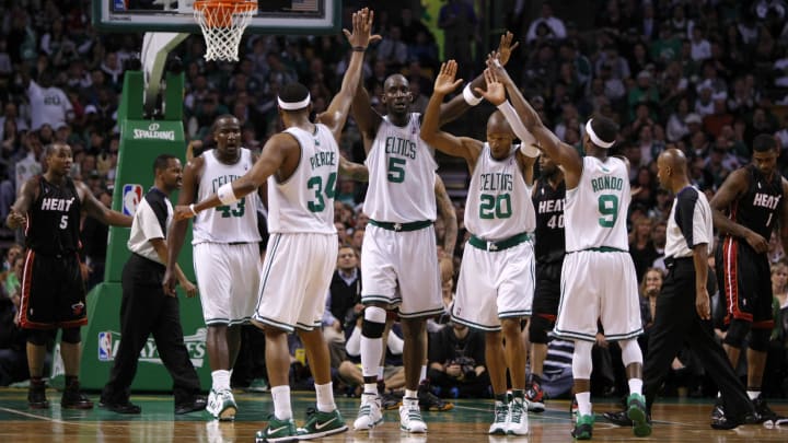 Celtics forward Kevin Garnett and guard Ray Allen high five teammates forward Paul Pierce and guard Rajon Rondo during a playoff run.