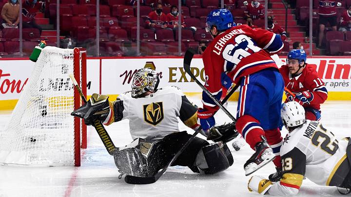 Jun 24, 2021; Montreal, Quebec, CAN; Montreal Canadiens forward Artturi Lehkonen (62) scores a goal against Vegas Golden Knights goalie Robin Lehner (90) during the overtime period in game six of the 2021 Stanley Cup Semifinals at the Bell Centre. Mandatory Credit: Eric Bolte-USA TODAY Sports Jun 24, 2021; Montreal, Quebec, CAN; Montreal Canadiens forward Artturi Lehkonen (62) scores a goal against Vegas Golden Knights goalie Robin Lehner (90) during the overtime period in game six of the 2021 Stanley Cup Semifinals at the Bell Centre. Mandatory Credit: Eric Bolte-USA TODAY Sports