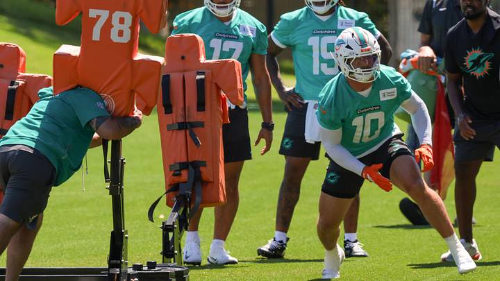 Miami Dolphins inside linebacker Jacob Rodriguez (10) works during rookie minicamp at the Baptist Health Training Complex. Miami Dolphins inside linebacker Jacob Rodriguez (10) works during rookie minicamp at the Baptist Health Training Complex.