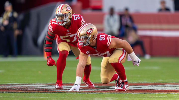 November 27, 2022; Santa Clara, California, USA; San Francisco 49ers linebacker Dre Greenlaw (57) and defensive end Nick Bosa (97) during the first quarter against the New Orleans Saints at Levi's Stadium. Mandatory Credit: Kyle Terada-Imagn Images November 27, 2022; Santa Clara, California, USA; San Francisco 49ers linebacker Dre Greenlaw (57) and defensive end Nick Bosa (97) during the first quarter against the New Orleans Saints at Levi's Stadium. Mandatory Credit: Kyle Terada-Imagn Images