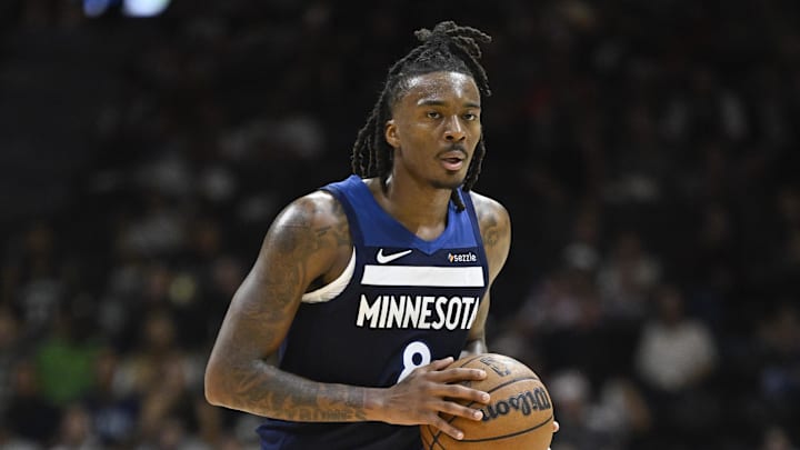 Oct 4, 2025; San Diego, California, USA; (Editors Notes: Caption Correction) Minnesota Timberwolves guard Bones Hyland (8) looks to pass during the second half against the Denver Nuggets at Pechanga Arena. Mandatory Credit: Denis Poroy-Imagn Images