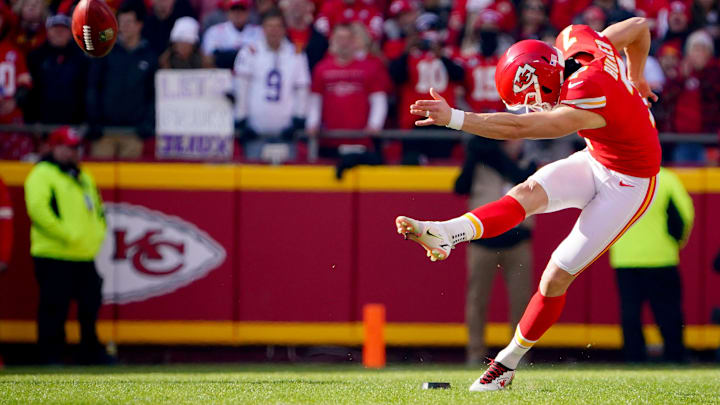 Kansas City Chiefs kicker Harrison Butker (7) kicks the opening kickoff in the first quarter during the AFC championship NFL football game against the Cincinnati Bengals, Sunday, Jan. 30, 2022, at GEHA Field at Arrowhead Stadium in Kansas City, Mo.

Cincinnati Bengals At Kansas City Chiefs Jan 30 Afc Championship 341