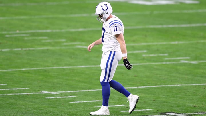 Dec 13, 2020; Paradise, Nevada, USA; Indianapolis Colts quarterback Philip Rivers (17) reacts against the Las Vegas Raiders at Allegiant Stadium. Mandatory Credit: Mark J. Rebilas-Imagn Images Dec 13, 2020; Paradise, Nevada, USA; Indianapolis Colts quarterback Philip Rivers (17) reacts against the Las Vegas Raiders at Allegiant Stadium. Mandatory Credit: Mark J. Rebilas-Imagn Images