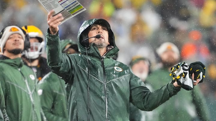 Nov 3, 2024; Green Bay, Wisconsin, USA;  Green Bay Packers head coach Matt LaFleur reacts to a call during the fourth quarter against the Detroit Lions at Lambeau Field. Mandatory Credit: Jeff Hanisch-Imagn Images