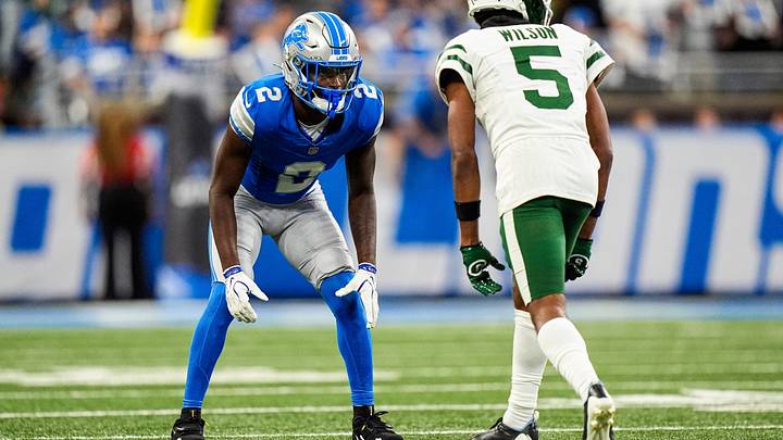 Detroit Lions cornerback Ennis Rakestraw Jr. (2) covers New York Jets wide receiver Garrett Wilson (5) during the second half at Ford Field in Detroit on Sunday, Sept. 27, 2026.