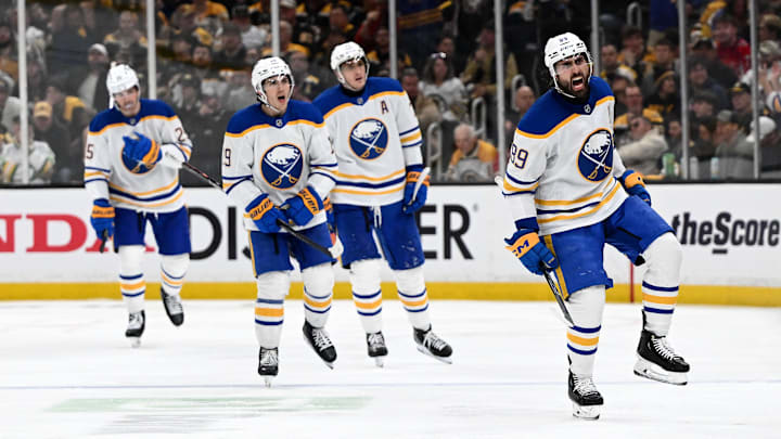 Apr 23, 2026; Boston, Massachusetts, USA; Buffalo Sabres right wing Alex Tuch (89) reacts after scoring a goal against the Boston Bruins during the third period of game three of the first round of the 2026 Stanley Cup Playoffs at the TD Garden. Mandatory Credit: Brian Fluharty-Imagn Images