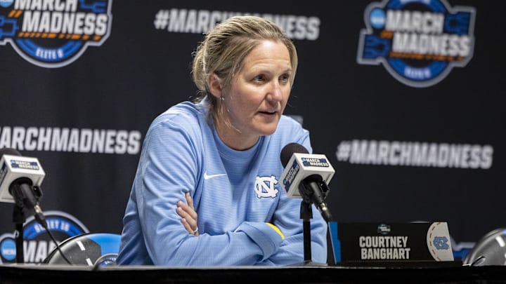 Mar 27, 2025; Birmingham, AL, USA; UNC Tar Heels head coach Courtney Banghart talks with the media before her team works out during practice day at Legacy Arena. Mandatory Credit: Vasha Hunt-Imagn Images