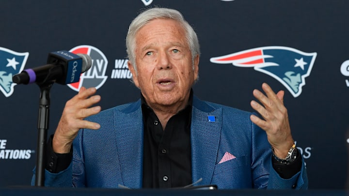 Jan 17, 2024; Foxborough, MA, USA; New England Patriots owner Robert Kraft addresses media on the hiring of new head coach Jerod Mayo (not pictured) at a press conference at Gillette Stadium. Mandatory Credit: Eric Canha-Imagn Images