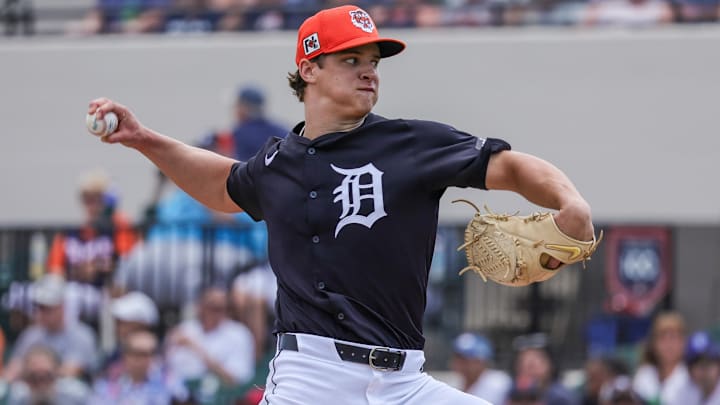 Detroit Tigers pitcher Jackson Jobe (21) pitches during the first inning against the New York Yankees at Publix Field at Joker Marchant Stadium in Lakeland, Fla., on March 13, 2025.