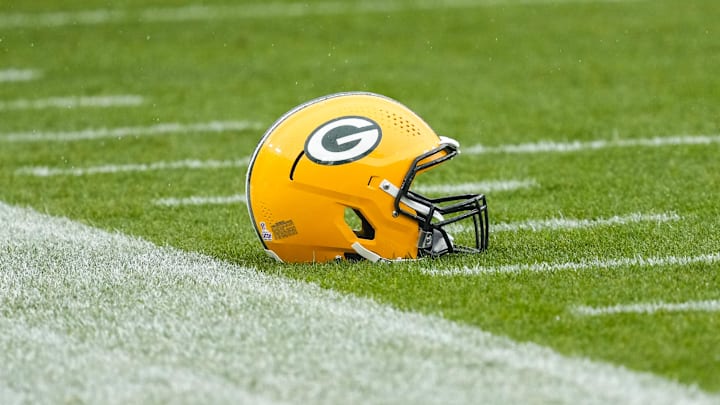 Oct 13, 2024; Green Bay, Wisconsin, USA; General view of an Green Bay Packers helmet prior to the game against the Arizona Cardinals at Lambeau Field. Mandatory Credit: Jeff Hanisch-Imagn Images Oct 13, 2024; Green Bay, Wisconsin, USA; General view of an Green Bay Packers helmet prior to the game against the Arizona Cardinals at Lambeau Field. Mandatory Credit: Jeff Hanisch-Imagn Images