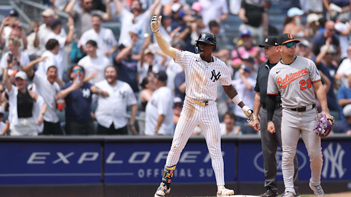 Jun 22, 2025; Bronx, New York, USA; New York Yankees second baseman Jazz Chisholm Jr. (13) reacts at third base after hitting a two-RBI double during the eighth inning against the Baltimore Orioles at Yankee Stadium. Mandatory Credit: Vincent Carchietta-Imagn Images Jun 22, 2025; Bronx, New York, USA; New York Yankees second baseman Jazz Chisholm Jr. (13) reacts at third base after hitting a two-RBI double during the eighth inning against the Baltimore Orioles at Yankee Stadium. Mandatory Credit: Vincent Carchietta-Imagn Images