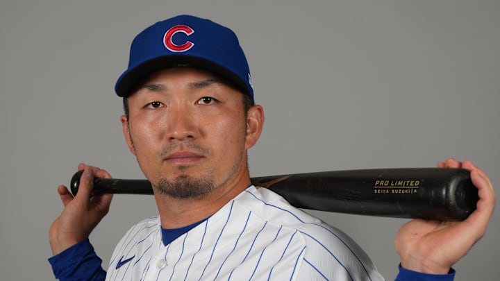 Chicago Cubs right fielder Seiya Suzuki poses for photo day.