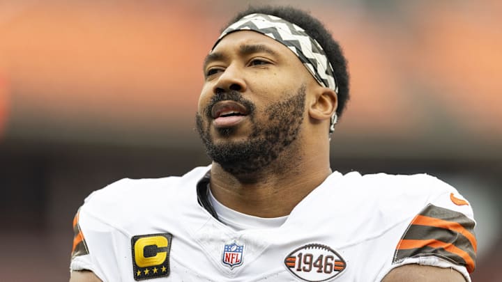 Cleveland Browns defensive end Myles Garrett warms up for a game. Cleveland Browns defensive end Myles Garrett warms up for a game.
