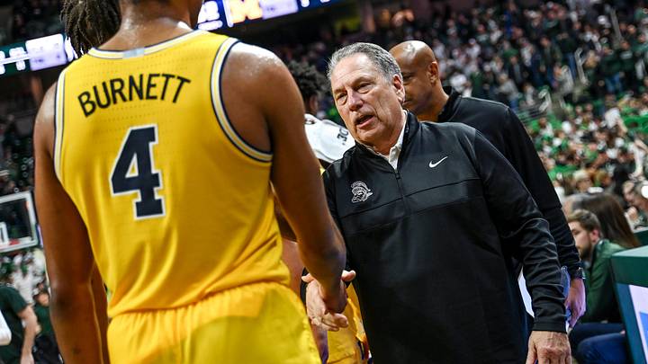 Michigan State's head coach Tom Izzo head coach Tom Izzo, right, shakes hands with Michigan's Nimari Burnett after the Spartans victory over the Wolverines on Tuesday, Jan. 30, 2024, at the Breslin Center in East Lansing. The win was Izzo's 700th of his career.