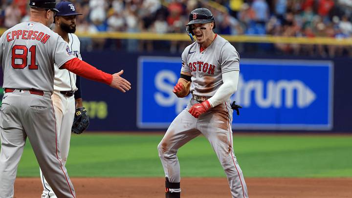 Sep 19, 2026; St. Petersburg, Florida, USA; Boston Red Sox center fielder Jarren Duran (16) reacts after he triples during the ninth inning against the Tampa Bay Rays at Tropicana Field. Mandatory Credit: Kim Klement Neitzel-Imagn Images Sep 19, 2026; St. Petersburg, Florida, USA; Boston Red Sox center fielder Jarren Duran (16) reacts after he triples during the ninth inning against the Tampa Bay Rays at Tropicana Field. Mandatory Credit: Kim Klement Neitzel-Imagn Images